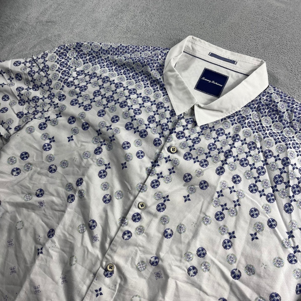 Tommy Bahama Mens 3XL White Blue Geometric Medallion Print Cotton Shirt